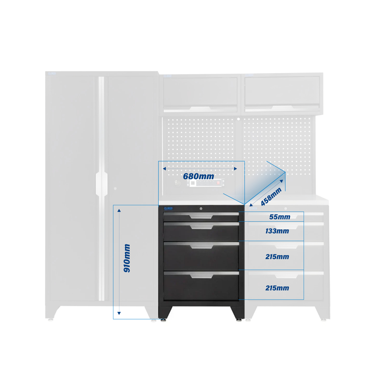 SGS 7pc Modular Garage Storage | 8 Drawers | Stainless Steel Worktop | 2x Upper Cabinets | Tall Double Cabinet | Pegboard with Power Strip